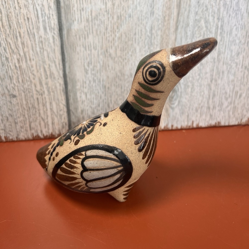 Tonala Mexican Bird Figurine Vintage Hand Painted Folk Art Pottery Signed MEX